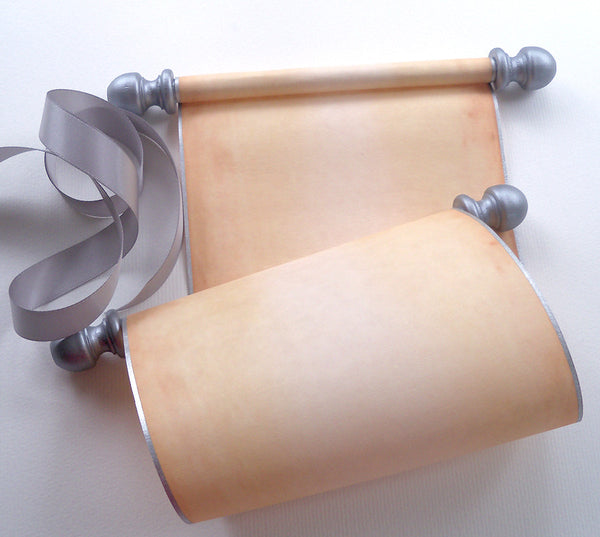 Blank paper scroll for wedding vows, aged parchment paper with silver  finials and kraft box, 5x12 paper