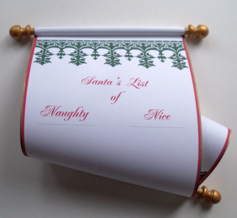 Santa's List of Naughty Nice scroll, 8x19 inches white paper, blank for hand written list, Nordic design