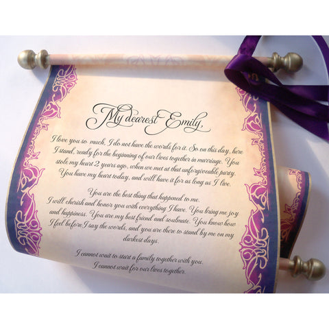 Parchment scroll with purple and aged gold accents, 8x19 inches paper, handmade, blank or customized