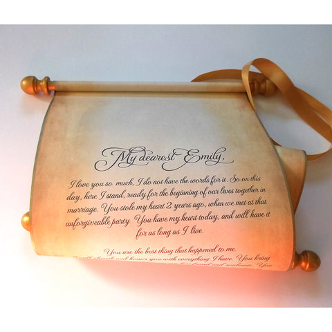 Parchment scroll with gold accents and brooch, personalized with your own words, 8x21 inches paper