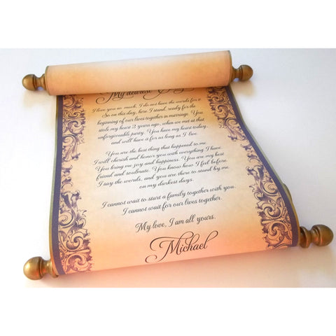 Customized scroll in plum and gold, 8x19 inches paper, handmade in the USA