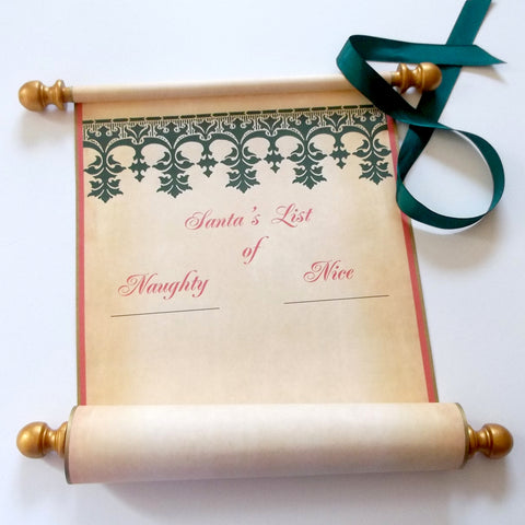 Santa's List Naughty and Nice on a scroll, blank scroll for hand written list, Nordic design Xmas scroll