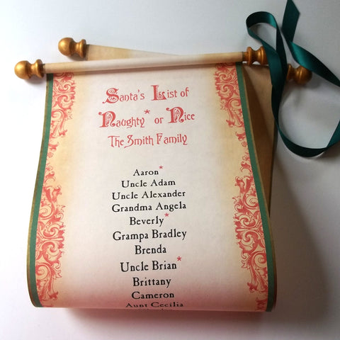 Santa's List of Naughty or Nice for your family, personalized scroll, 8x20" paper, up to 60 custom names