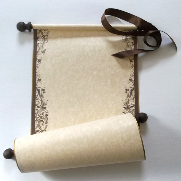 Elegant scroll in gold & brown, blank or customized, personalized gift, marriage anniversary gift, 8x19" parchment paper