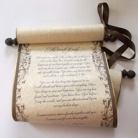 Elegant scroll in gold & brown, blank or customized, personalized gift, marriage anniversary gift, 8x19" parchment paper