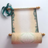 Green and gold paper scroll, 8x19 inch aged parchment paper, personalized with your own words only