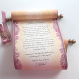 Regency wedding vows personalized scroll with brooch, aged gold & mauve, blank or custom, paper wedding anniversary, 8x21 inches paper