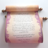 Regency wedding vows personalized scroll with brooch, aged gold & mauve, blank or custom, paper wedding anniversary, 8x21 inches paper