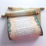 Green and gold paper scroll, 8x19 inch aged parchment paper, personalized with your own words only