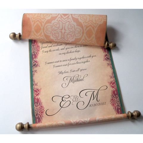 Custom parchment scroll with red, green and gold accents, 8x18 inches paper, handmade