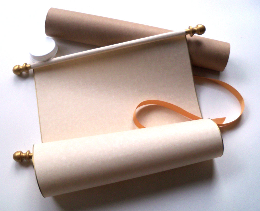 Extra wide blank parchment scroll with stained brown finials and gold  edging, 11x19paper, storage tube