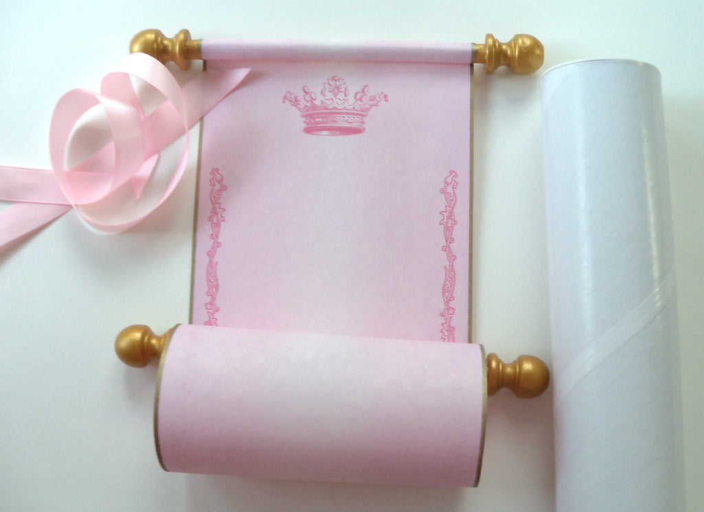 Blank aged parchment paper scroll in pink with princess crown and floral  border, handwritten letter or invitation for a princess, 5x12 paper
