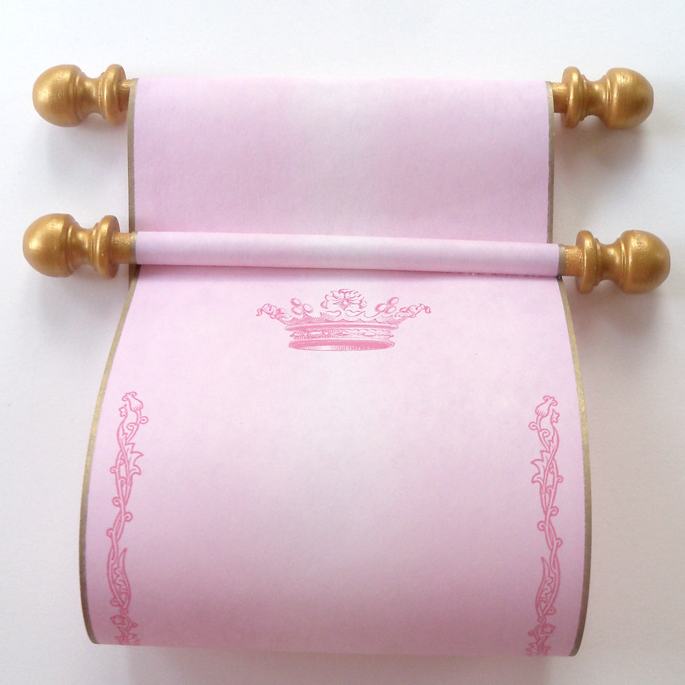Blank aged parchment paper scroll in pink with princess crown and floral  border, handwritten letter or invitation for a princess, 5x12 paper