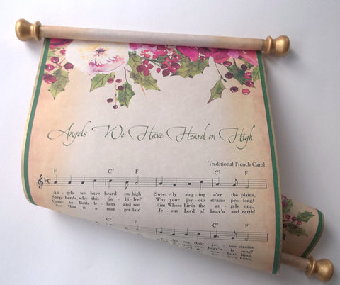 Angels We Have Heard on High Christmas music on a scroll, rustic country decoration